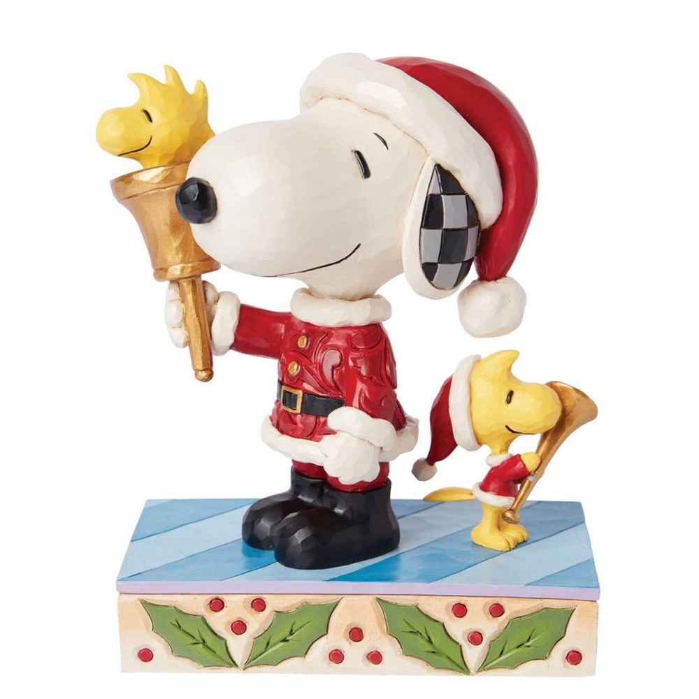 Jim Shore Peanuts Snoopy and Woodstock Santas w Bell & Horn Figurine 6015039